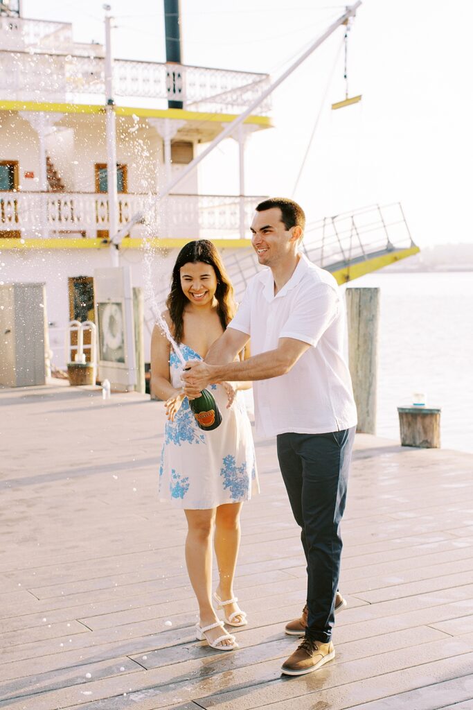 Champagne pop photos from old town Alexandria engagement session